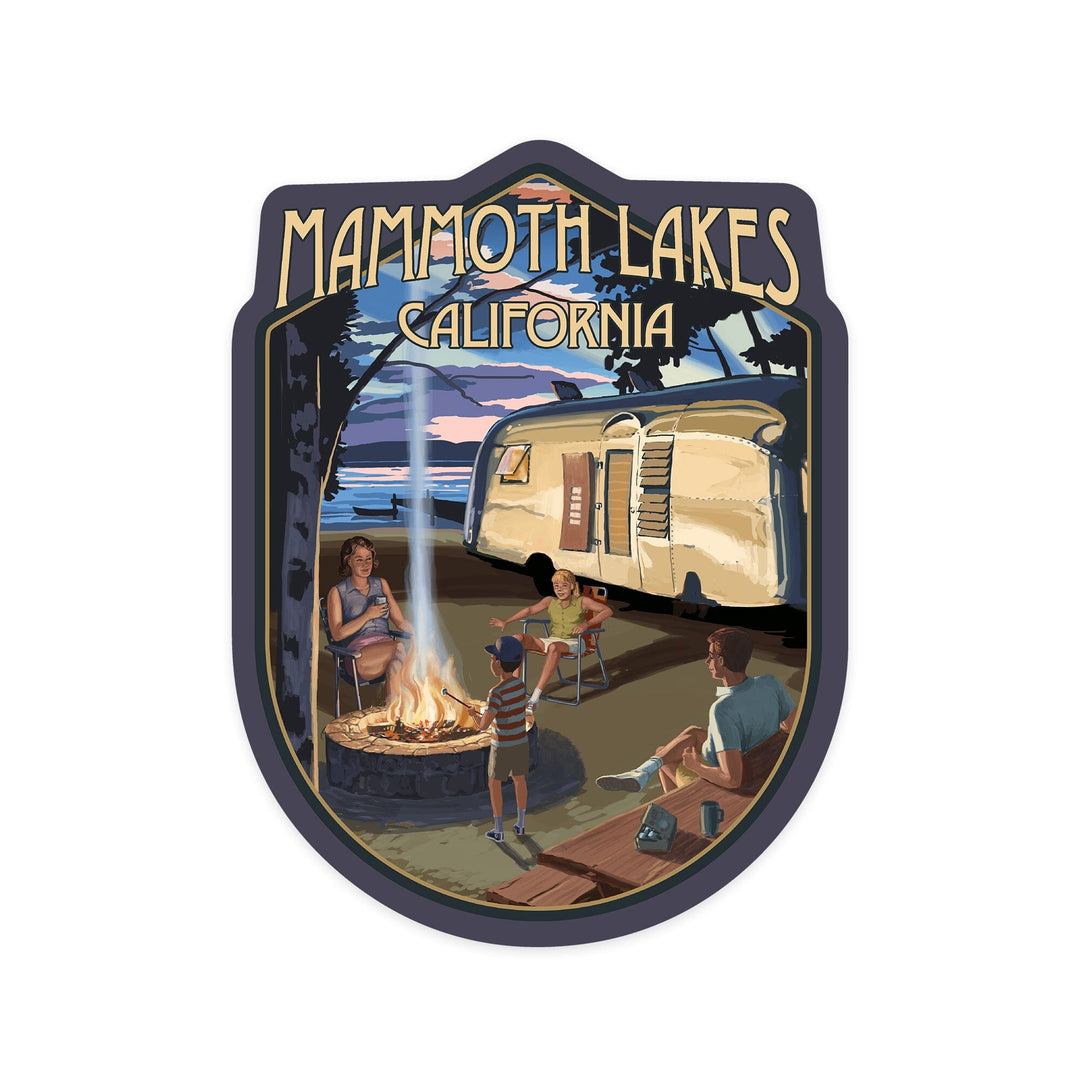 Mammoth Lakes, California, Retro Camper and Mountains, Contour, Vinyl Sticker Sticker Lantern Press 