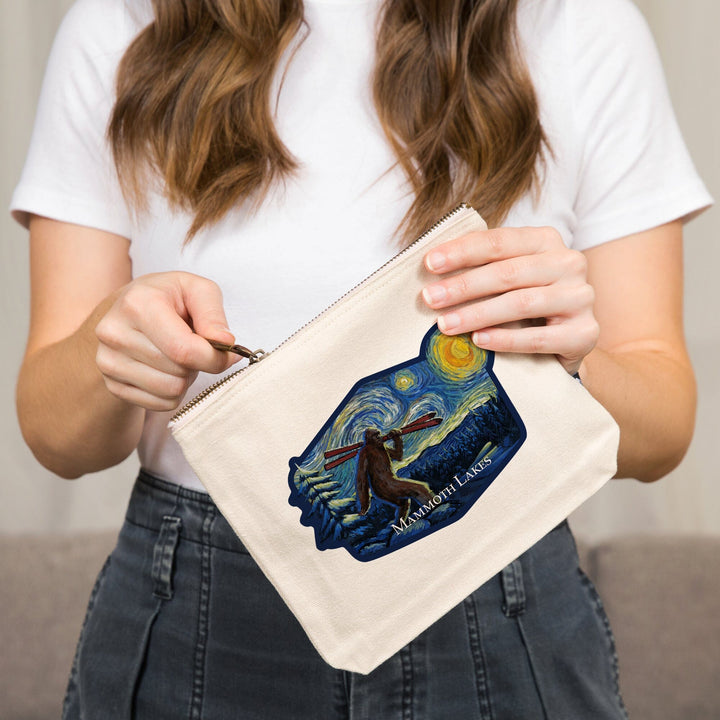 Mammoth Lakes, California, Winter Bigfoot with Skis, Starry Night,, Organic Cotton Zipper Pouch, Go Bag Totes Lantern Press 