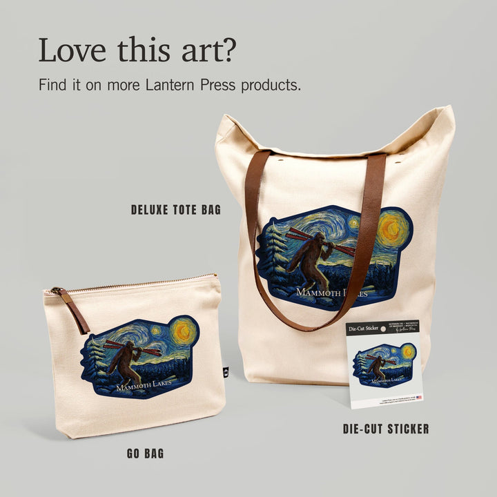 Mammoth Lakes, California, Winter Bigfoot with Skis, Starry Night,, Organic Cotton Zipper Pouch, Go Bag Totes Lantern Press 