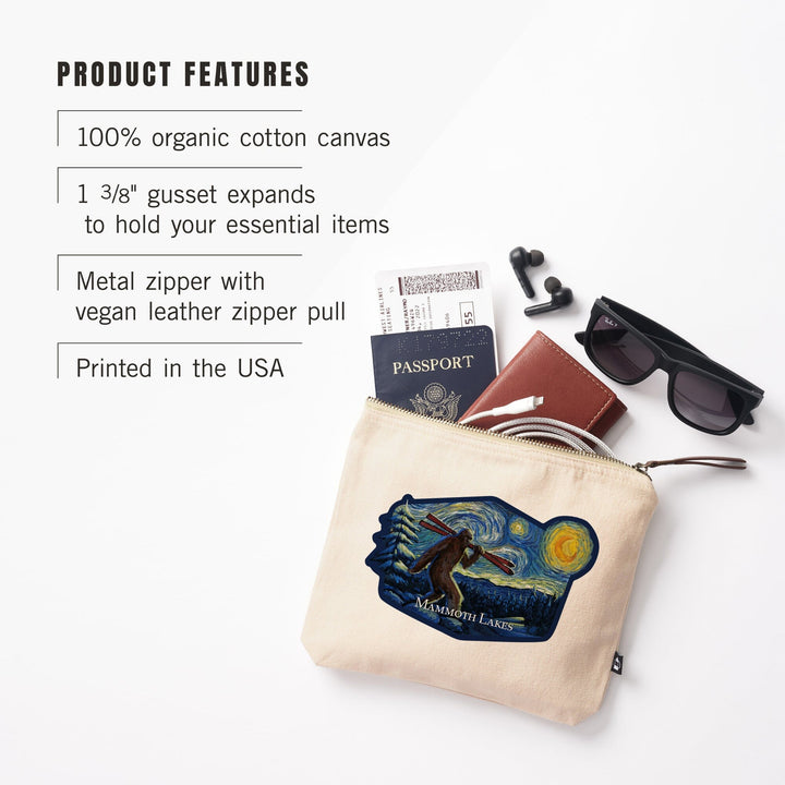 Mammoth Lakes, California, Winter Bigfoot with Skis, Starry Night,, Organic Cotton Zipper Pouch, Go Bag Totes Lantern Press 
