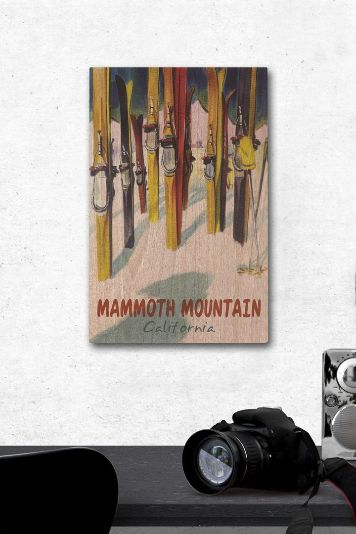 Mammoth Mountain, California, Colorful Skis, Lantern Press Artwork, Wood Signs and Postcards Wood Lantern Press 12 x 18 Wood Gallery Print 