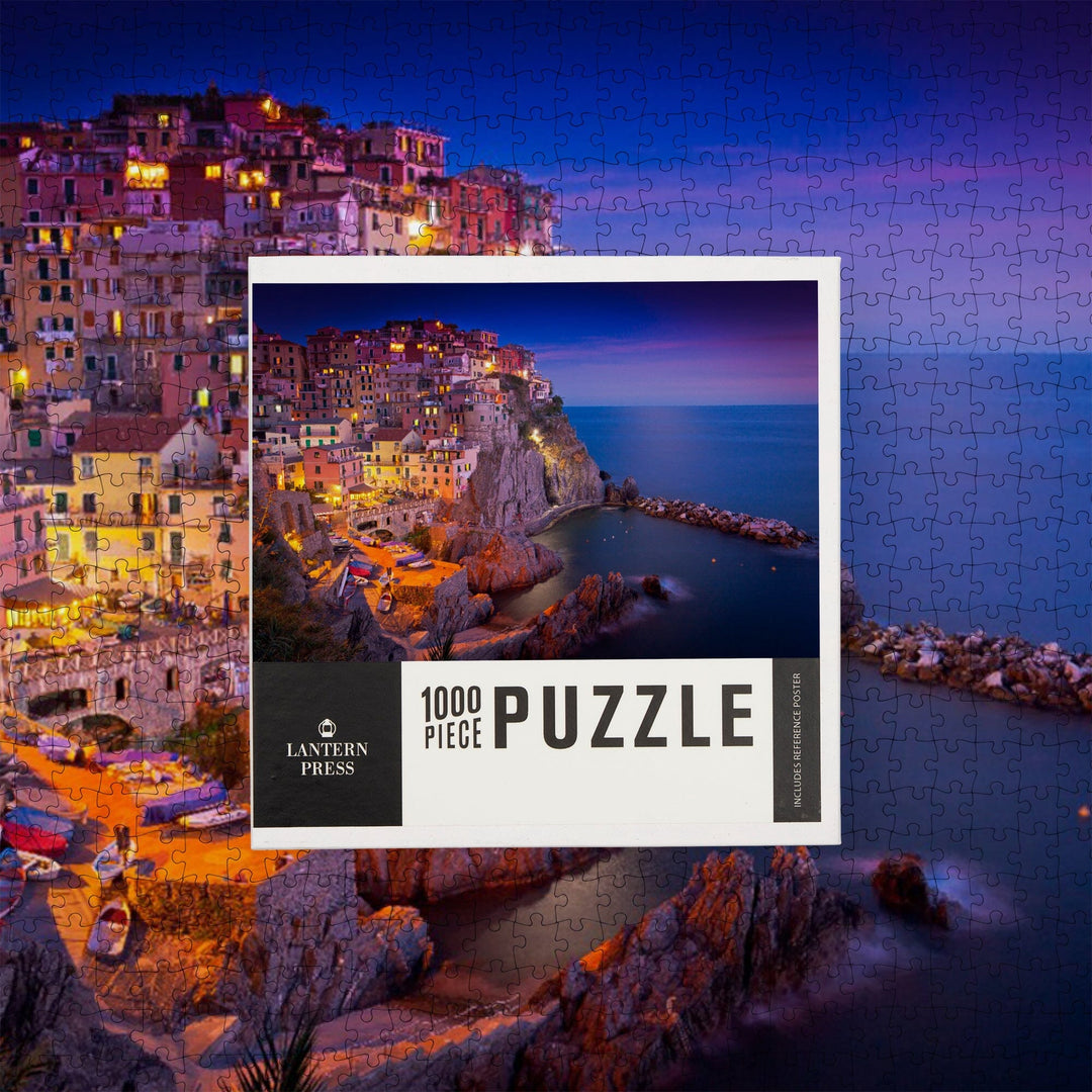 Manarola, Cinque Terre, Italy at Dusk, Jigsaw Puzzle Puzzle Lantern Press 