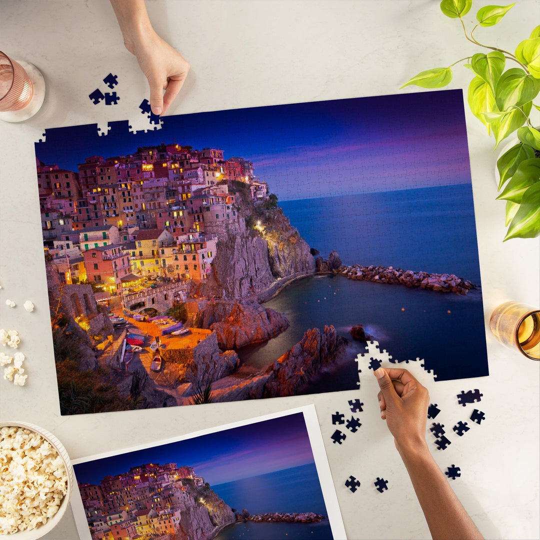 Manarola, Cinque Terre, Italy at Dusk, Jigsaw Puzzle Puzzle Lantern Press 