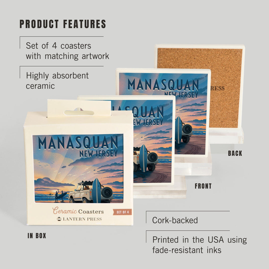 Manasquan, New Jersey, Beach Lithograph, Coasters Coasters Lantern Press 
