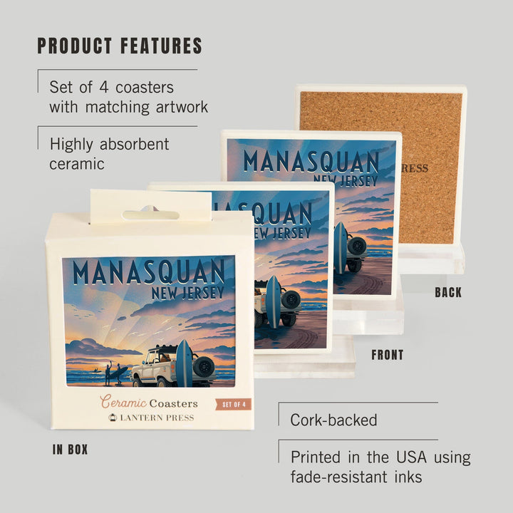 Manasquan, New Jersey, Beach Lithograph, Coasters Coasters Lantern Press 