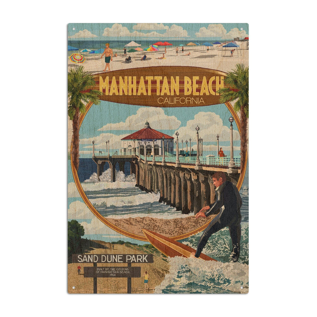 Manhattan Beach, California, Montage Scenes, Lantern Press Artwork, Wood Signs and Postcards Wood Lantern Press 10 x 15 Wood Sign 