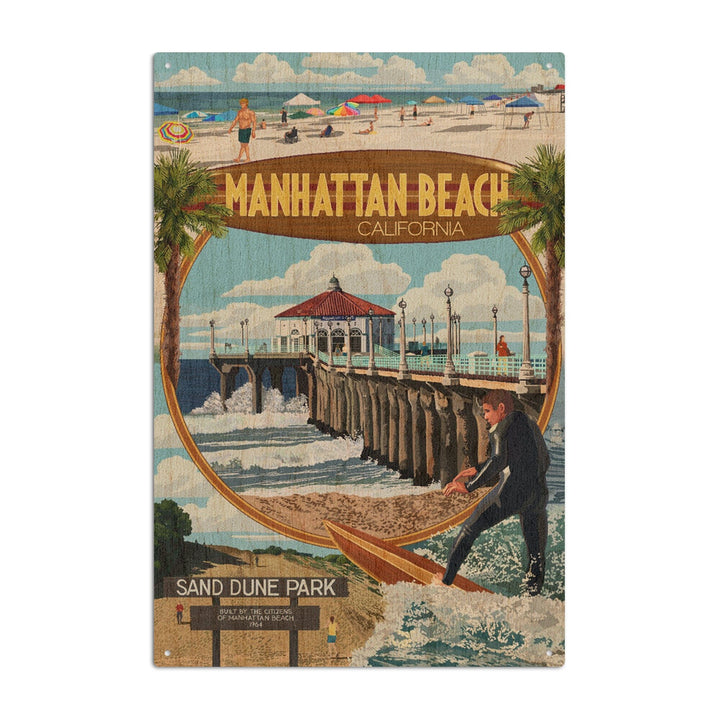 Manhattan Beach, California, Montage Scenes, Lantern Press Artwork, Wood Signs and Postcards Wood Lantern Press 6x9 Wood Sign 