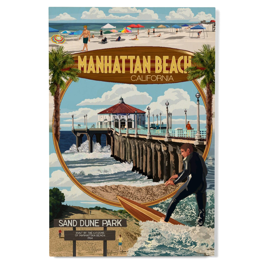 Manhattan Beach, California, Montage Scenes, Lantern Press Artwork, Wood Signs and Postcards Wood Lantern Press 