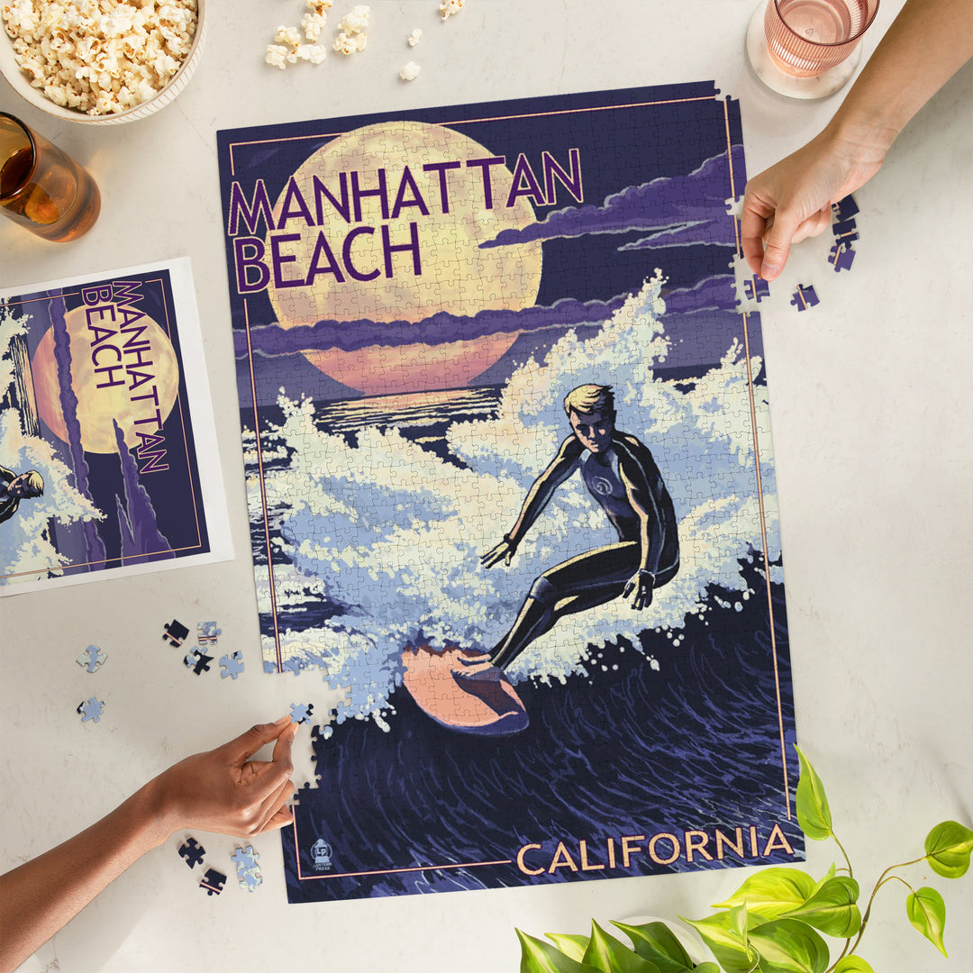 Manhattan Beach, California, Night Surfer, Jigsaw Puzzle Puzzle Lantern Press 
