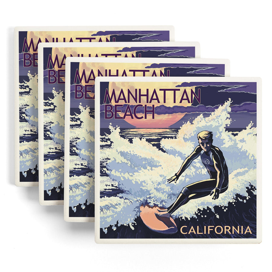 Manhattan Beach, California, Night Surfer, Lantern Press Artwork, Coaster Set - Lantern Press