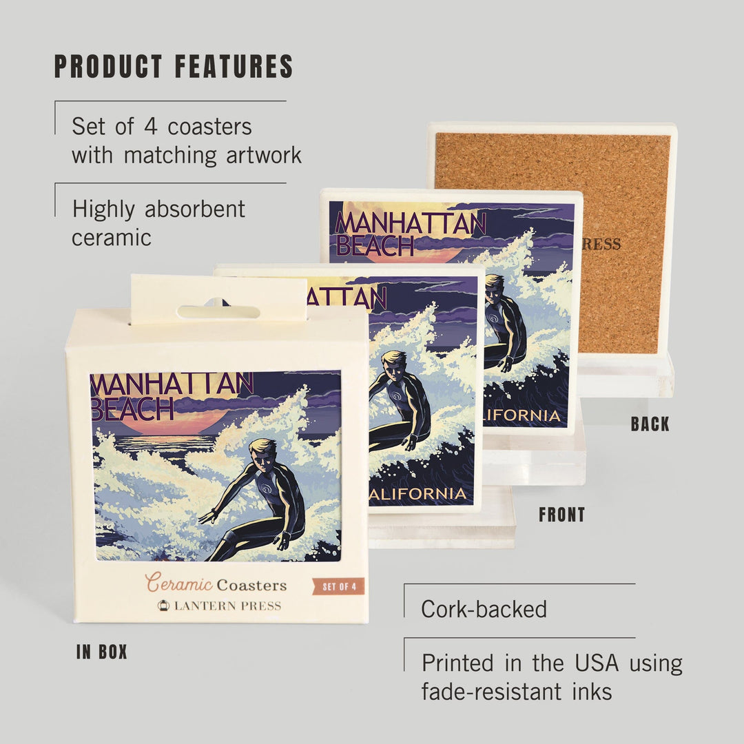 Manhattan Beach, California, Night Surfer, Lantern Press Artwork, Coaster Set - Lantern Press