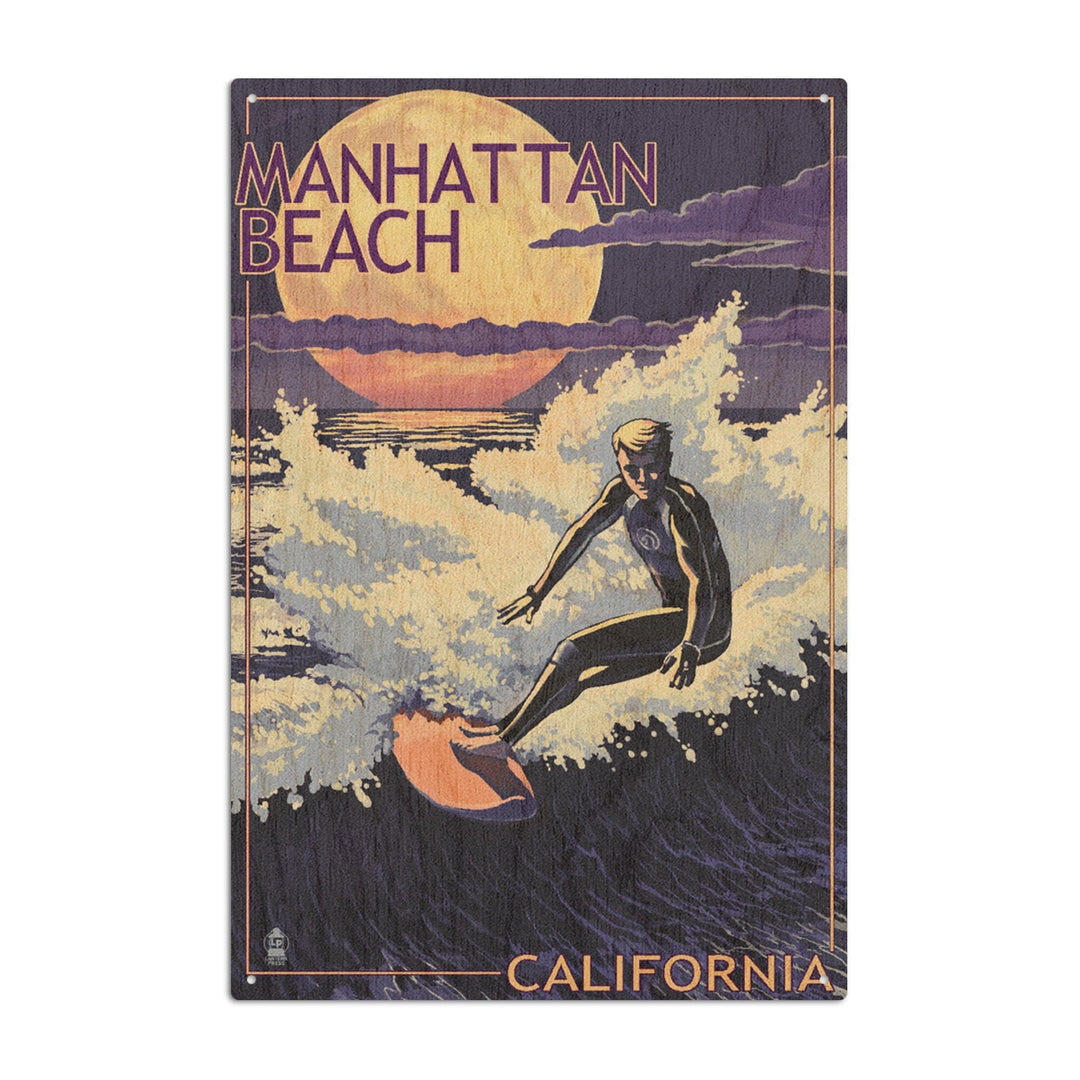 Manhattan Beach, California, Night Surfer, Lantern Press Artwork, Wood Signs and Postcards Wood Lantern Press 10 x 15 Wood Sign 