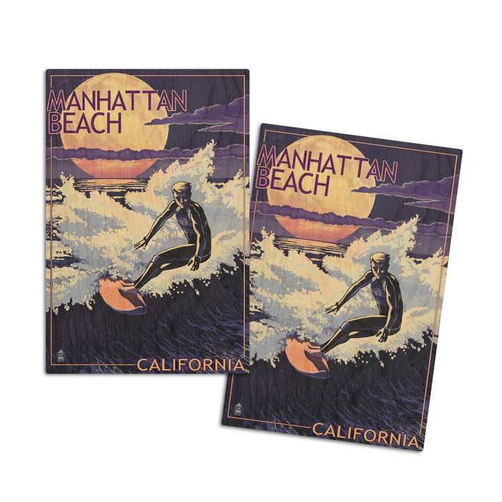 Manhattan Beach, California, Night Surfer, Lantern Press Artwork, Wood Signs and Postcards Wood Lantern Press 4x6 Wood Postcard Set 
