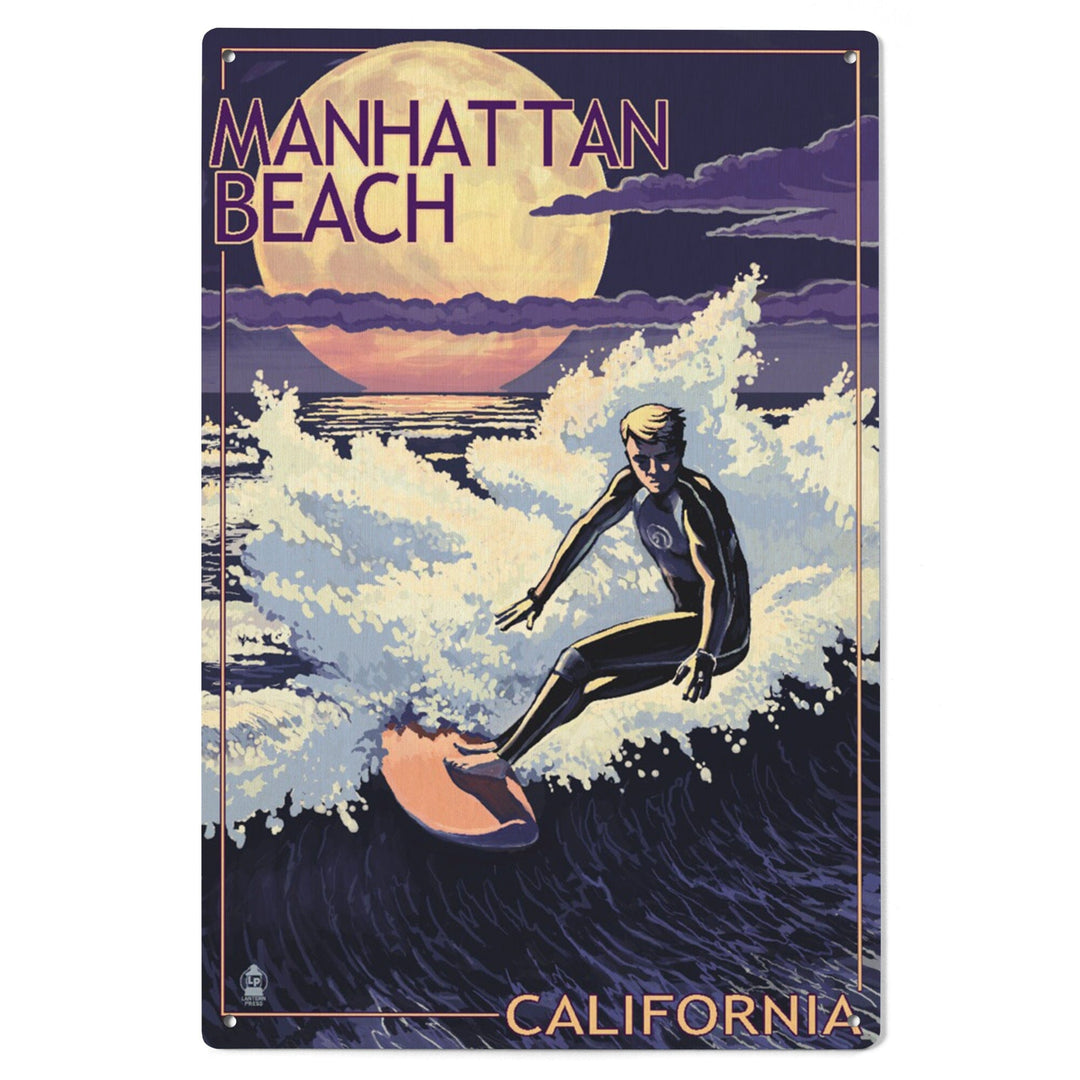 Manhattan Beach, California, Night Surfer, Lantern Press Artwork, Wood Signs and Postcards Wood Lantern Press 