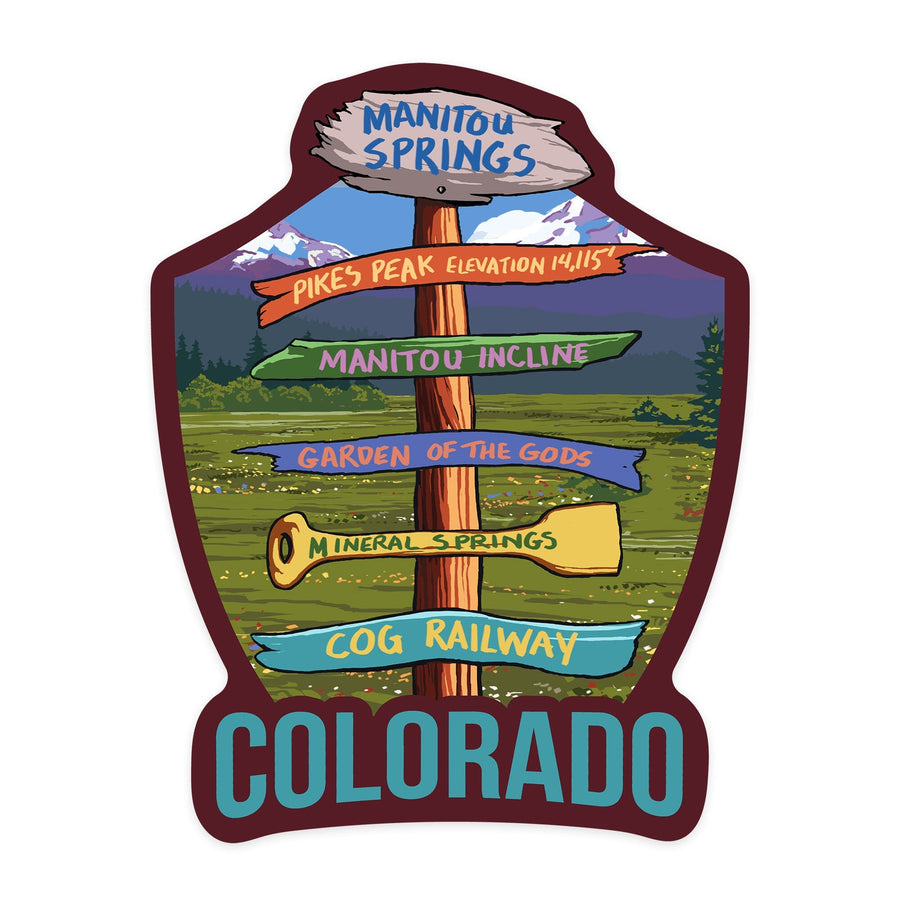 Manitou Springs, Colorado, Destination Signpost, Contour, Lantern Press Artwork, Vinyl Sticker Sticker Lantern Press 