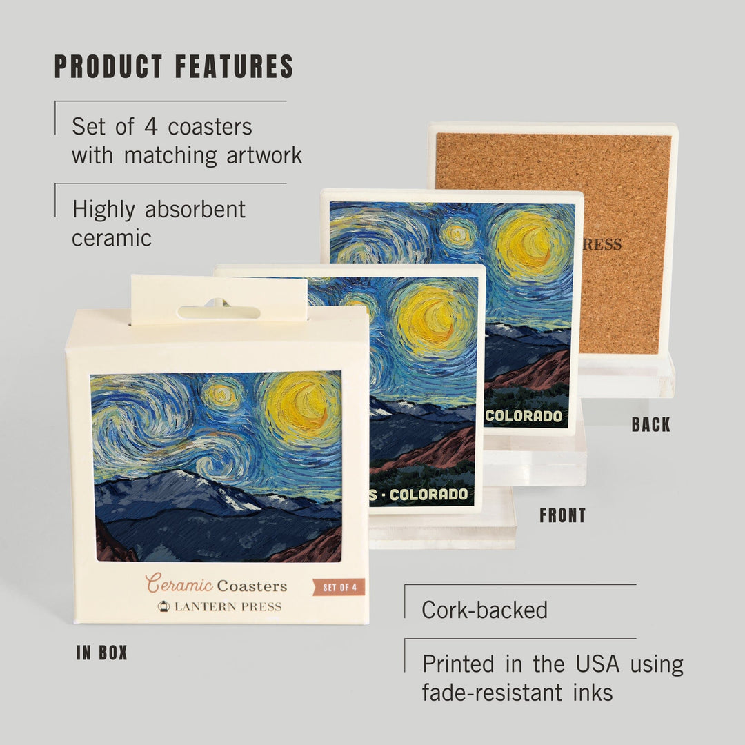 Manitou Springs, Colorado, Pikes Peak, Starry Night, Lantern Press Artwork, Coaster Set - Lantern Press