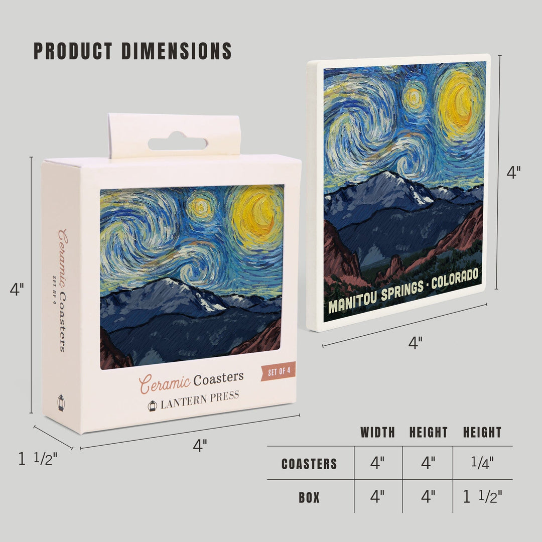 Manitou Springs, Colorado, Pikes Peak, Starry Night, Lantern Press Artwork, Coaster Set - Lantern Press