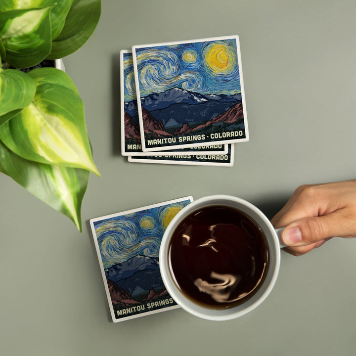 Manitou Springs, Colorado, Pikes Peak, Starry Night, Lantern Press Artwork, Coaster Set - Lantern Press