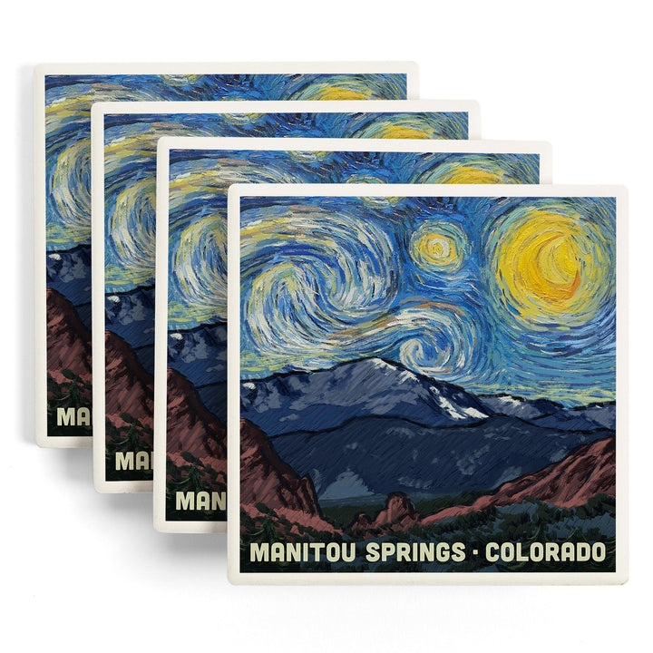 Manitou Springs, Colorado, Pikes Peak, Starry Night, Lantern Press Artwork, Coaster Set - Lantern Press