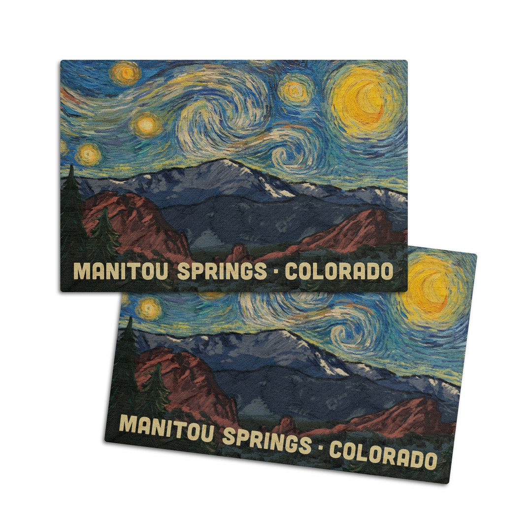 Manitou Springs, Colorado, Pikes Peak, Starry Night, Lantern Press Artwork, Wood Signs and Postcards Wood Lantern Press 4x6 Wood Postcard Set 