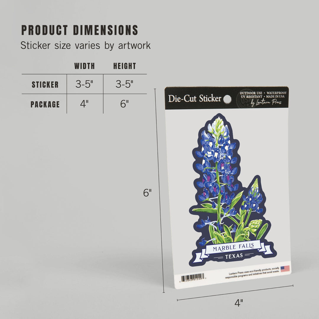 Marble Falls, Texas, Bluebonnet, Letterpress, Contour, Vinyl Sticker Sticker Lantern Press 