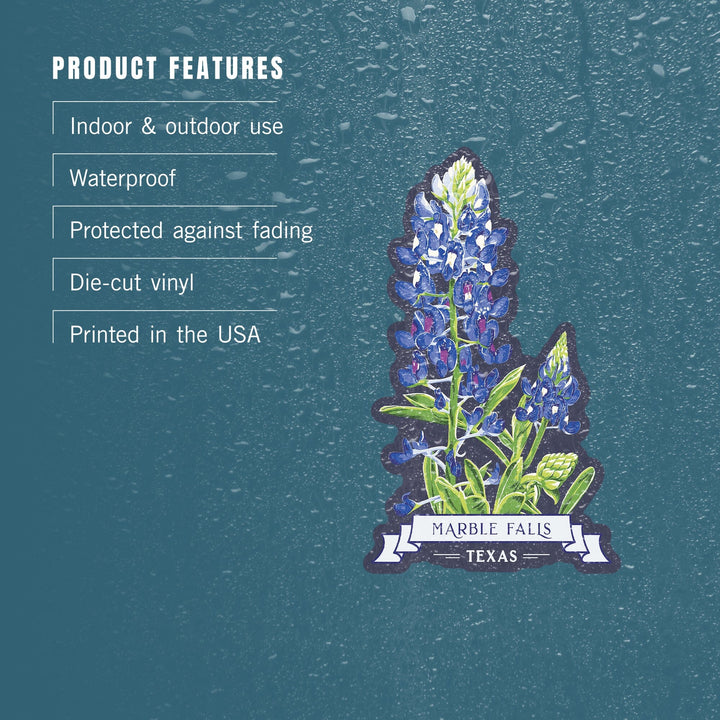 Marble Falls, Texas, Bluebonnet, Letterpress, Contour, Vinyl Sticker Sticker Lantern Press 