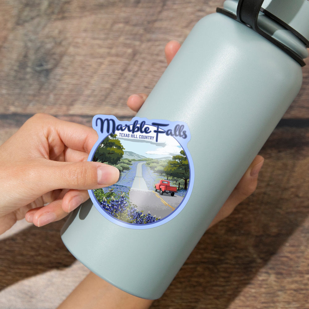 Marble Falls, Texas, Bluebonnets and Highway, Contour, Vinyl Sticker - Lantern Press