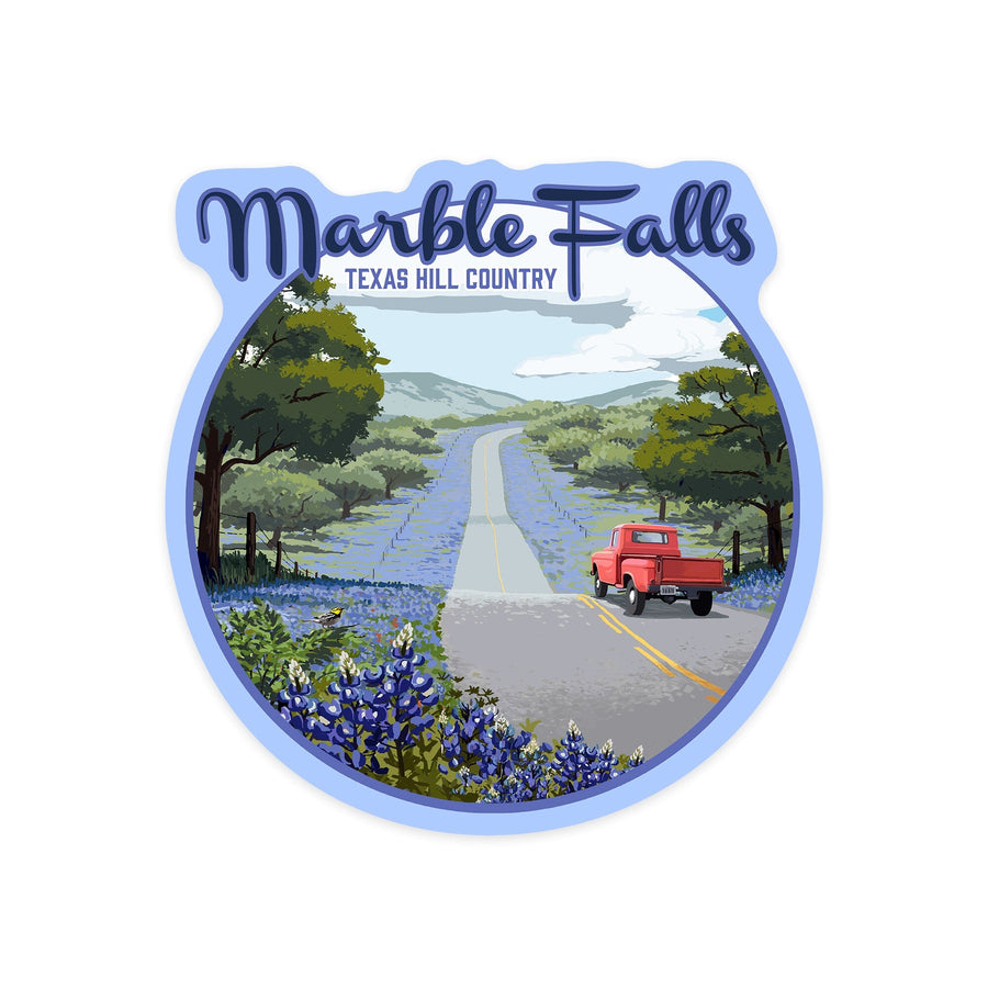 Marble Falls, Texas, Bluebonnets and Highway, Contour, Vinyl Sticker - Lantern Press