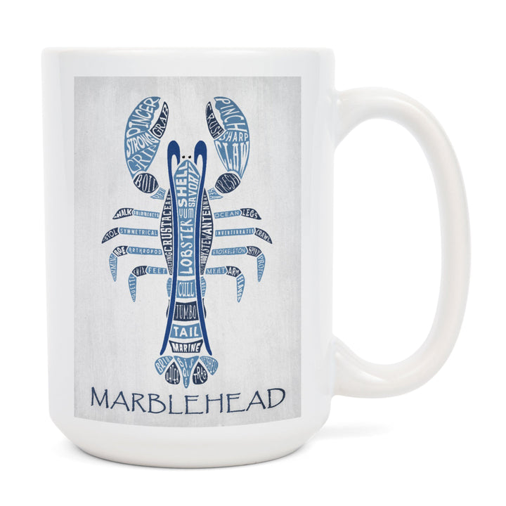Marblehead, Massachusetts, Blue Lobster, Typography, Lantern Press Artwork, Ceramic Mug - Lantern Press