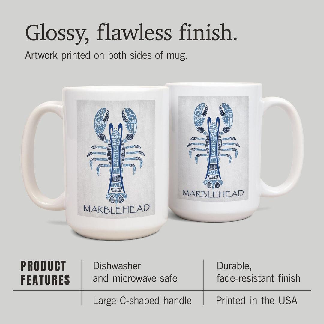 Marblehead, Massachusetts, Blue Lobster, Typography, Lantern Press Artwork, Ceramic Mug - Lantern Press