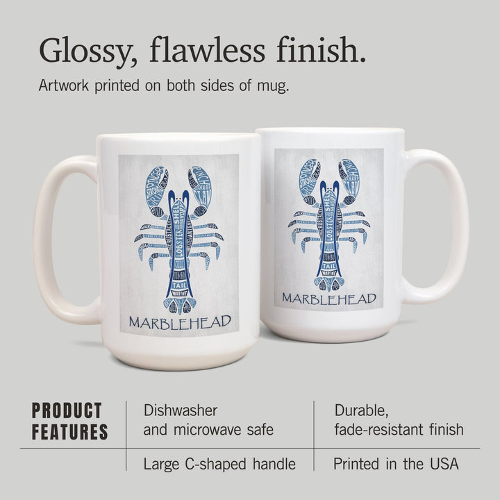 Marblehead, Massachusetts, Blue Lobster, Typography, Lantern Press Artwork, Ceramic Mug - Lantern Press