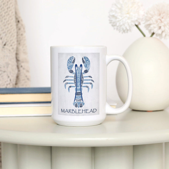 Marblehead, Massachusetts, Blue Lobster, Typography, Lantern Press Artwork, Ceramic Mug - Lantern Press