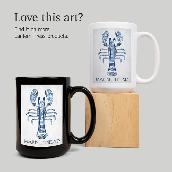 Marblehead, Massachusetts, Blue Lobster, Typography, Lantern Press Artwork, Ceramic Mug - Lantern Press
