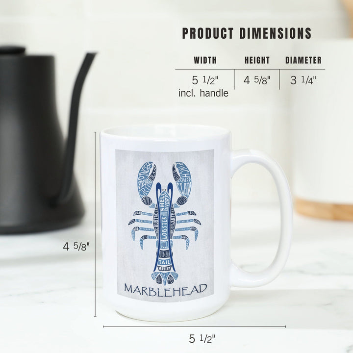 Marblehead, Massachusetts, Blue Lobster, Typography, Lantern Press Artwork, Ceramic Mug - Lantern Press