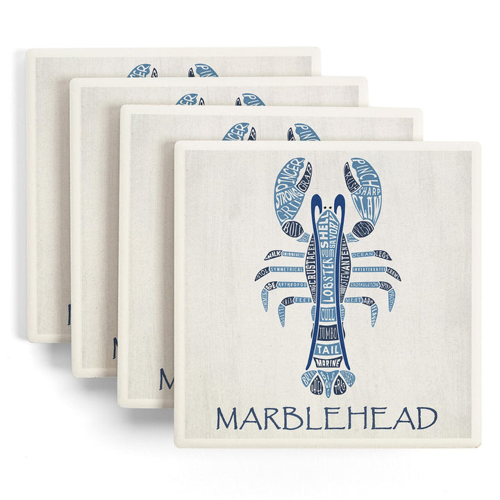 Marblehead, Massachusetts, Blue Lobster, Typography, Lantern Press Artwork, Coaster Set - Lantern Press