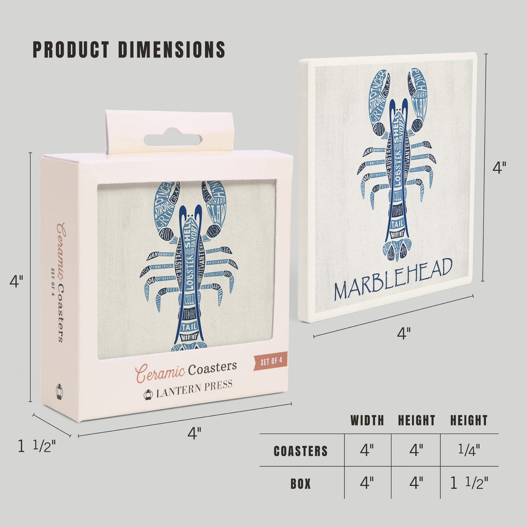 Marblehead, Massachusetts, Blue Lobster, Typography, Lantern Press Artwork, Coaster Set - Lantern Press