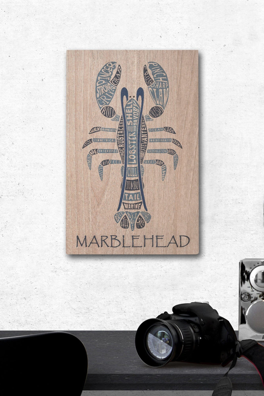 Marblehead, Massachusetts, Blue Lobster, Typography, Lantern Press Artwork, Wood Signs and Postcards Wood Lantern Press 12 x 18 Wood Gallery Print 