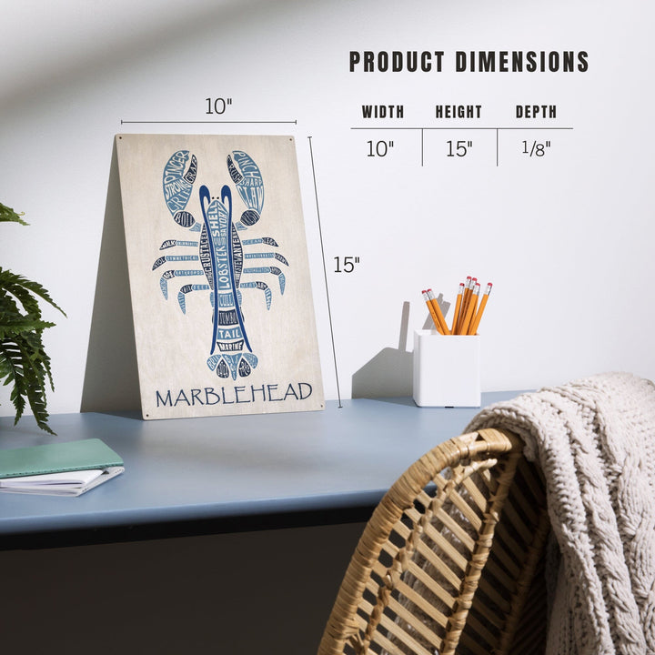 Marblehead, Massachusetts, Blue Lobster, Typography, Lantern Press Artwork, Wood Signs and Postcards Wood Lantern Press 