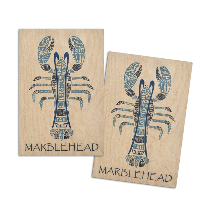 Marblehead, Massachusetts, Blue Lobster, Typography, Lantern Press Artwork, Wood Signs and Postcards Wood Lantern Press 4x6 Wood Postcard Set 