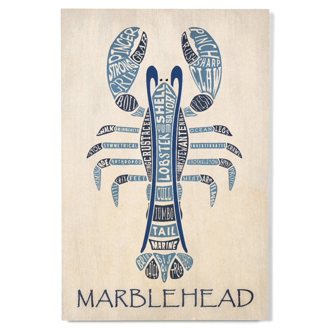 Marblehead, Massachusetts, Blue Lobster, Typography, Lantern Press Artwork, Wood Signs and Postcards Wood Lantern Press 