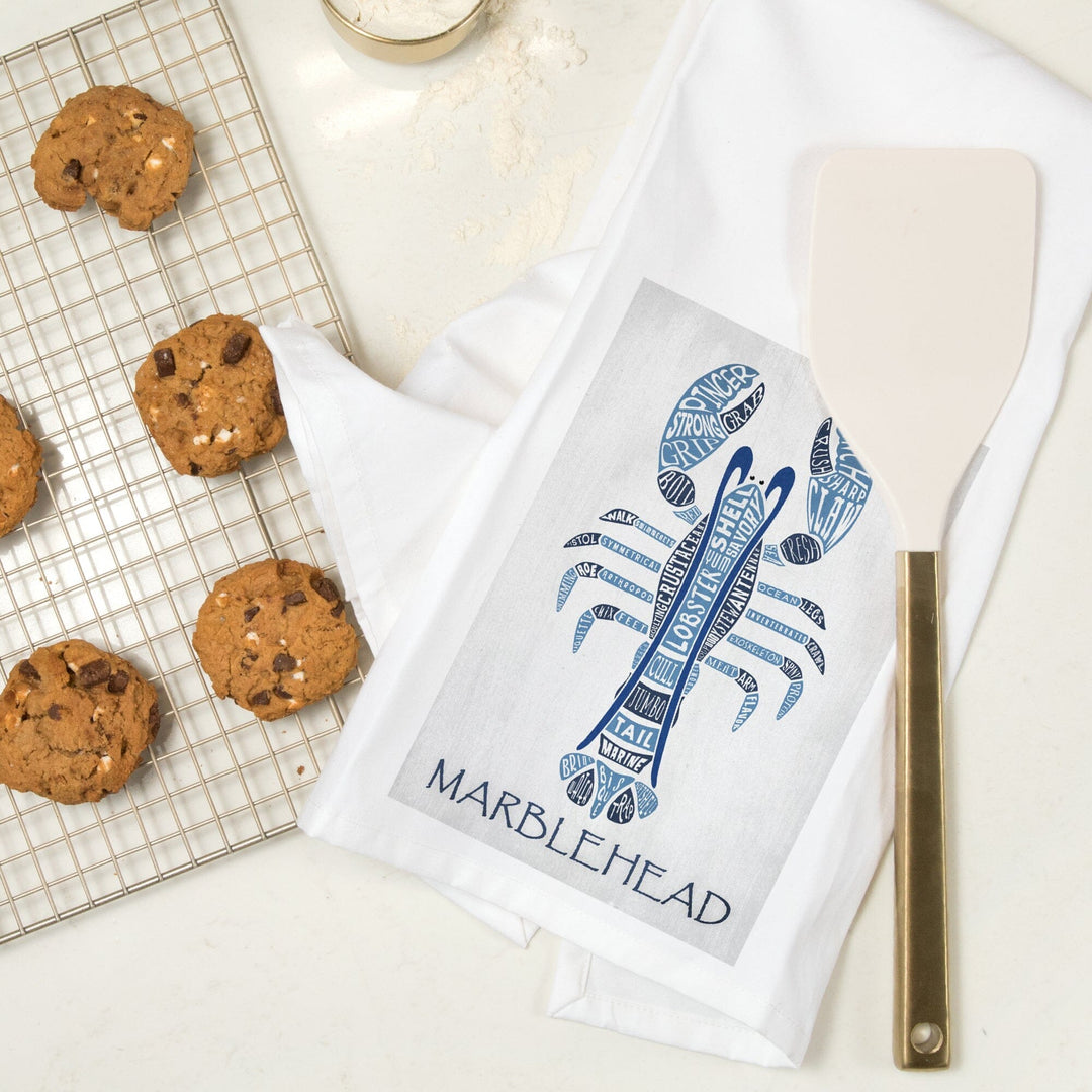 Marblehead, Massachusetts, Blue Lobster, Typography, Organic Cotton Kitchen Tea Towels Kitchen Lantern Press 