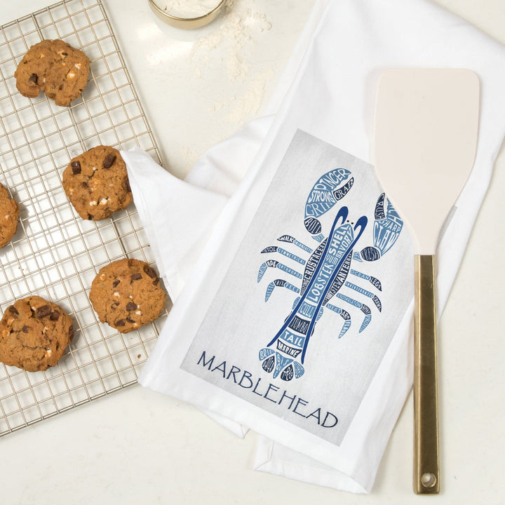 Marblehead, Massachusetts, Blue Lobster, Typography, Organic Cotton Kitchen Tea Towels Kitchen Lantern Press 