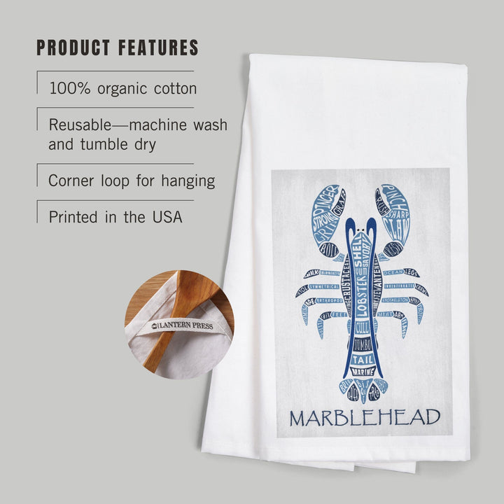 Marblehead, Massachusetts, Blue Lobster, Typography, Organic Cotton Kitchen Tea Towels Kitchen Lantern Press 