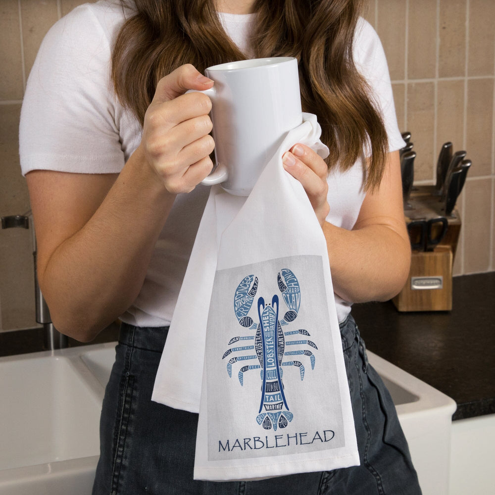 Marblehead, Massachusetts, Blue Lobster, Typography, Organic Cotton Kitchen Tea Towels Kitchen Lantern Press 