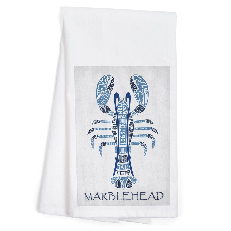 Marblehead, Massachusetts, Blue Lobster, Typography, Organic Cotton Kitchen Tea Towels Kitchen Lantern Press 