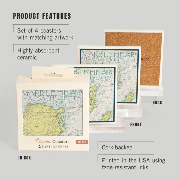 Marblehead, Massachusetts, Nautical Chart, Coasters Coasters Lantern Press 