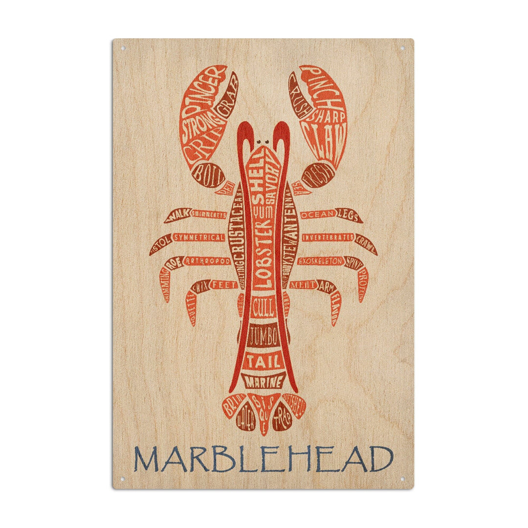 Marblehead, Massachusetts, Red Lobster, Typography, Lantern Press Artwork, Wood Signs and Postcards Wood Lantern Press 10 x 15 Wood Sign 