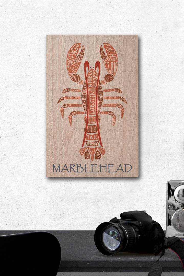 Marblehead, Massachusetts, Red Lobster, Typography, Lantern Press Artwork, Wood Signs and Postcards Wood Lantern Press 12 x 18 Wood Gallery Print 