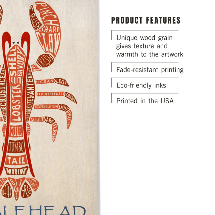 Marblehead, Massachusetts, Red Lobster, Typography, Lantern Press Artwork, Wood Signs and Postcards Wood Lantern Press 