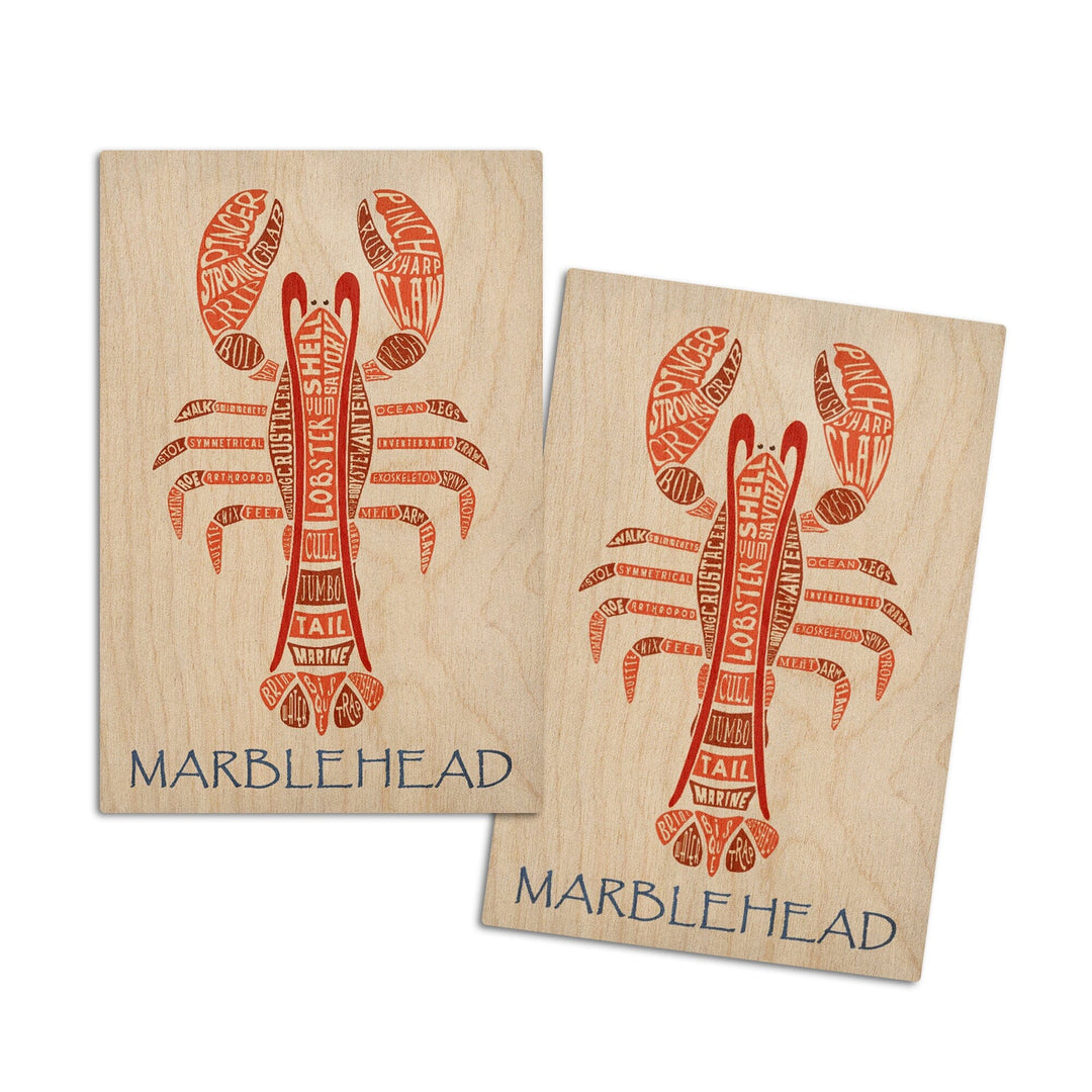 Marblehead, Massachusetts, Red Lobster, Typography, Lantern Press Artwork, Wood Signs and Postcards Wood Lantern Press 4x6 Wood Postcard Set 